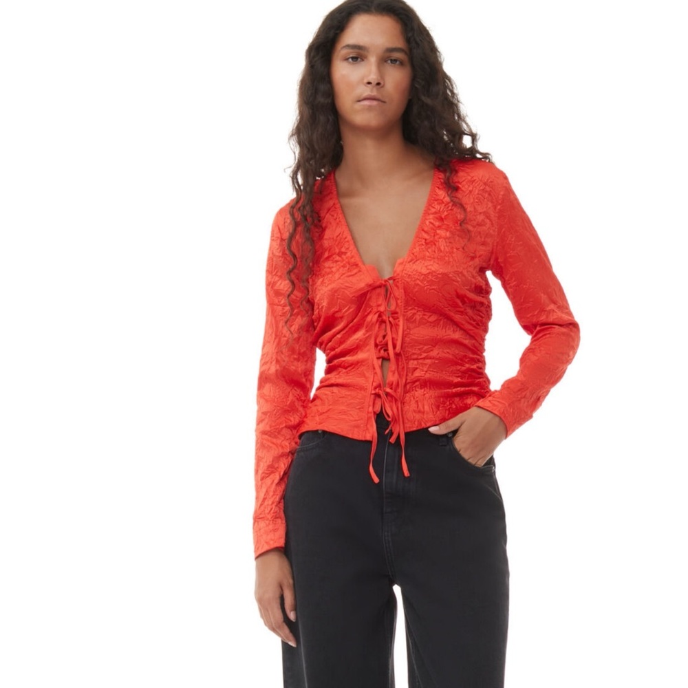 Ganni Crinkled Satin V-Neck Tie Front Red Shirt